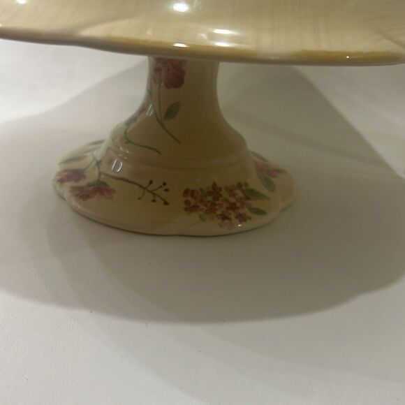 Pfaltzgraff Silk Rose Cake Plate Stand 12 In Round Creamy Yellow Pink Green - Picture 8 of 9